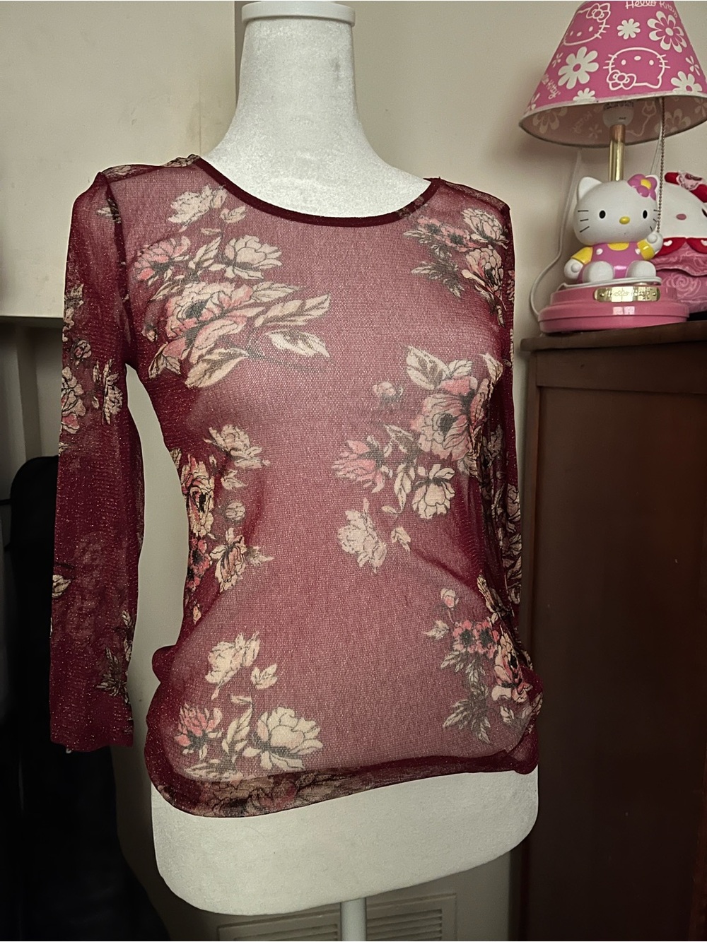 Women's Sheer Floral Long-Sleeve Top in Burgundy